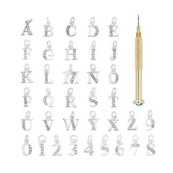 NICENEEDED Chiffres Alphabet 36Pcs Nail Charms Dangle Set, Alliage Lettre Strass Nail Piercing Charms avec des Outils de Perc