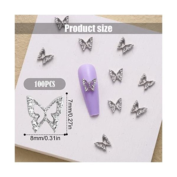 100pcs Breloques Ongles Papillon 3D, Alliage Decoration Ongles Nail Art Papillon Creux Papillon 3D pour Ongles Décoration Con