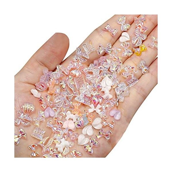 Aurora Lot de 100 breloques pour ongles en forme de nœud 3D en forme de cœur pour nail art - Motifs mixtes - Décorations pour