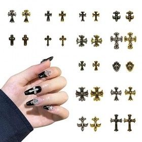 Lot de 28 breloques pour ongles en forme de croix vintage 3D en métal punk art art pendentif or argent décoration pour décora