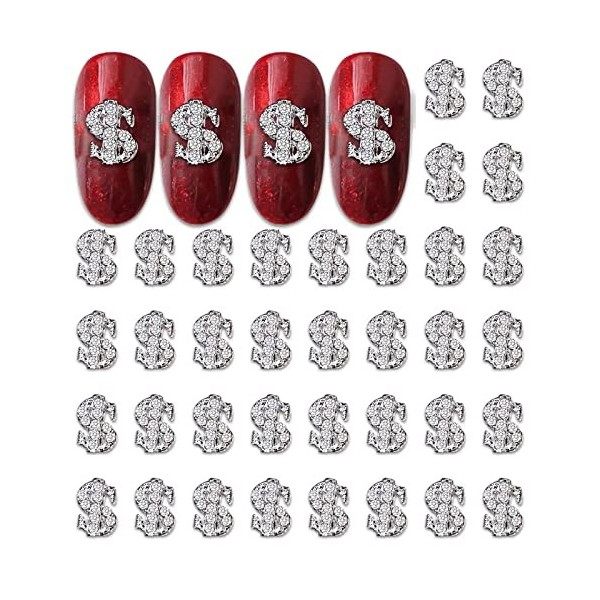 RUNRAYAY 40Pcs 3D Dollar Sign Nail Art Charms avec Strass, Clous dOngles Argentés Diamants pour Accessoires Nail Art, Décora