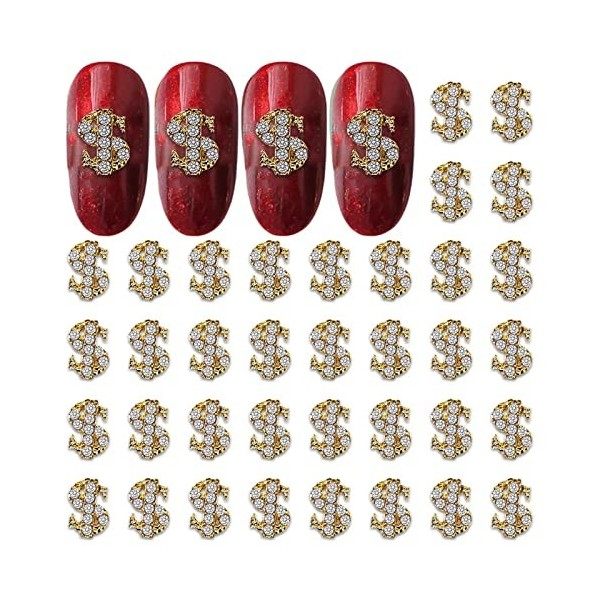 RUNRAYAY 40Pcs 3D Dollar Sign Nail Art Charms avec Strass, Clous dOngles Argentés Diamants pour Accessoires Nail Art, Décora