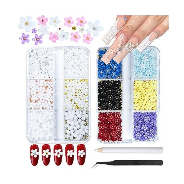 Tiny Spark Breloques pour ongles en forme de fleur 3D pour nail art - 12 grilles - Fournitures de nail art avec perles de man