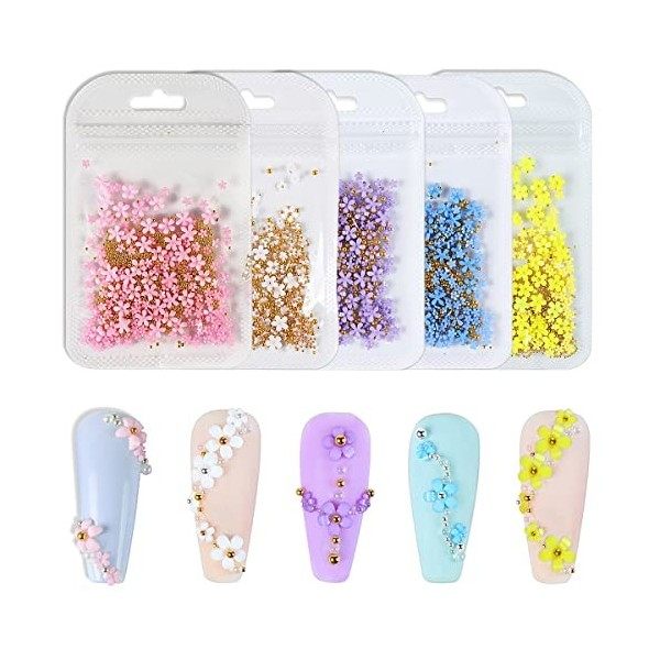 Lot de 5 fleurs 3D pour nail art en acrylique - Perles dorées - Accessoires de bricolage pour filles et femmes