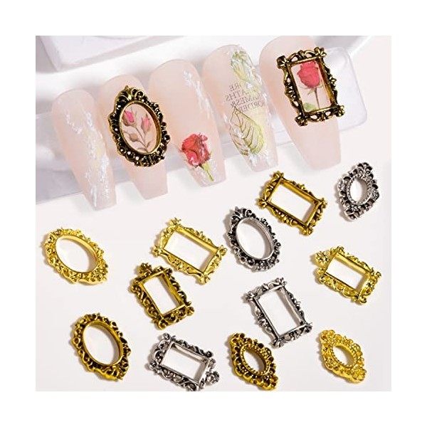 SILPECWEE 60pcs Retro Nail Charms Metal Punk Nail Jewels Gravure Nail Frame Charms for Nails Nail Art Charms 3D Nail Art Char