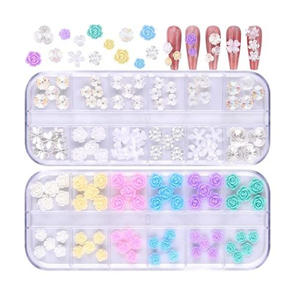 EBANKU Ongles Charmes de Fleur, 24 Grille 3D Floral Ongle Décoration Résine Fleur Ongle Nail Art Colorées Plats Ongles pour D