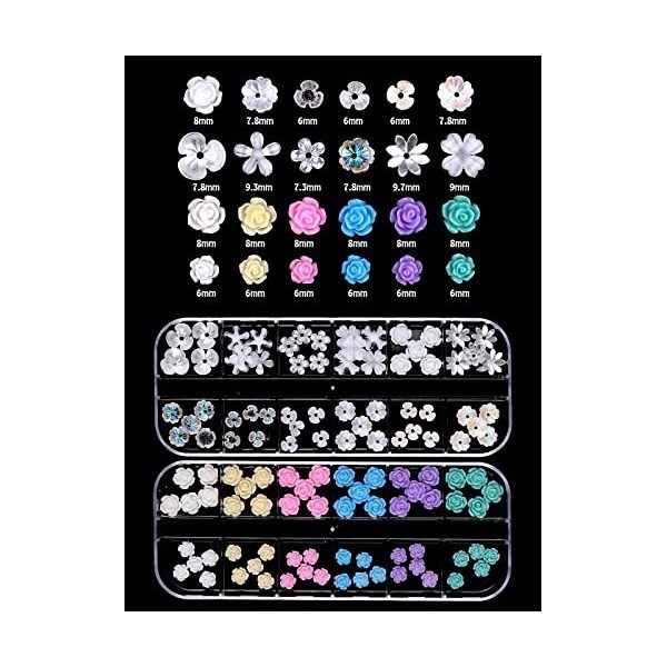 EBANKU Ongles Charmes de Fleur, 24 Grille 3D Floral Ongle Décoration Résine Fleur Ongle Nail Art Colorées Plats Ongles pour D