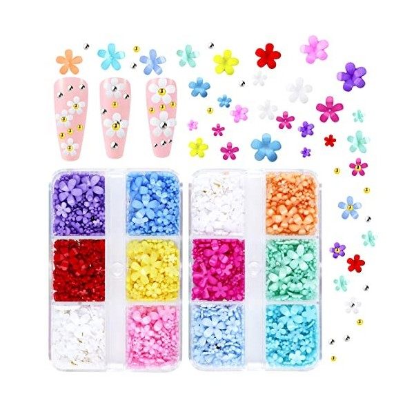 KINBOM 2 Boîtes Fleur pour Ongles 3D avec Perles de Caviar, Dos Plat 3D Fleur Ongle Nail Art Colorés Charmes dOngles Floral 