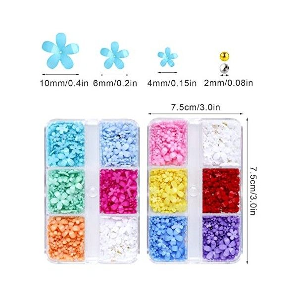 KINBOM 2 Boîtes Fleur pour Ongles 3D avec Perles de Caviar, Dos Plat 3D Fleur Ongle Nail Art Colorés Charmes dOngles Floral 