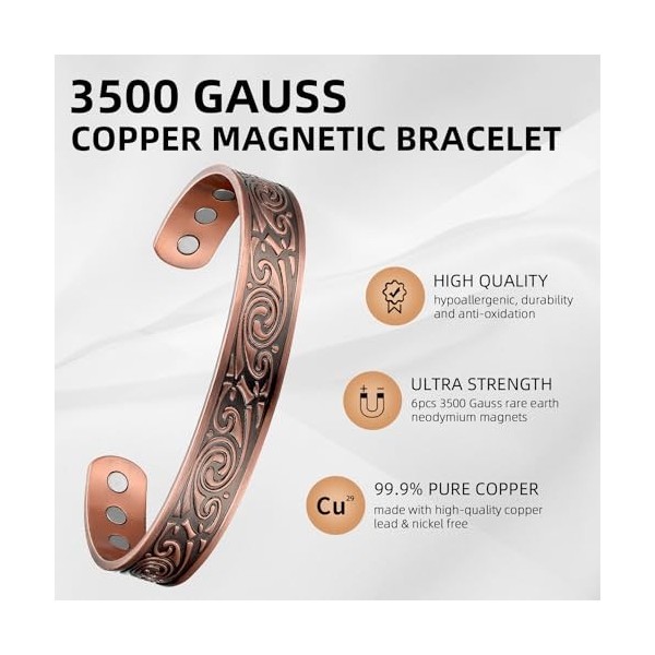 MagEnergy Bracelets en cuivre pour hommes Motif viking Bracelet magnétique en cuivre pur à 99,9 % 6,7 pouces avec 6 aimants p