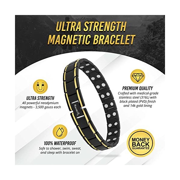 Bracelet de magnétique MagnetRX® Ultra Strength - Bracelets magnétiques à longueur réglable pour hommes noir et or 