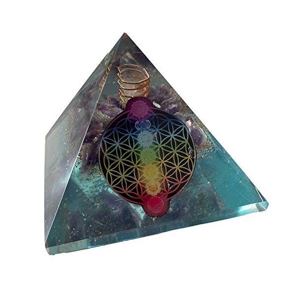 CHONIT Pyramide orgonite avec chakras et symbole de la fleur de vie Bleu clair Protection contre les rayonnements électromagn