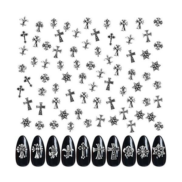 Lot de 60 breloques en forme de croix pour nail art 3D en métal vintage pour femme - Fournitures de nail art en acrylique - 1