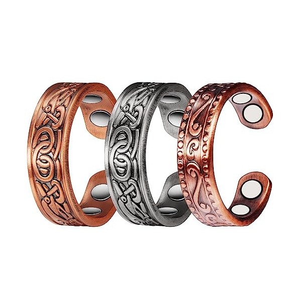 EnerCoppeX Lot de 3 bagues en cuivre pur 99 % cuivre pour homme et femme, incrustées de 4 aimants efficaces de 3500 gauss, de