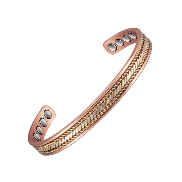 MagCopper Bracelet en cuivre tressé magnétique tricolore pour femme ou homme, bracelet manchette en cuivre réglable de 16,5 c