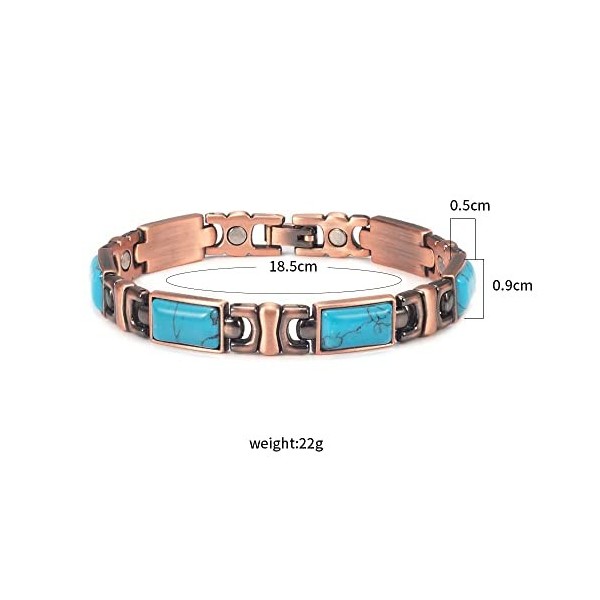 Bracelet magnétique en cuivre - Turquoise - Pour femme - 18,5 cm, 18.5 centimeters, Pierre Cuivre