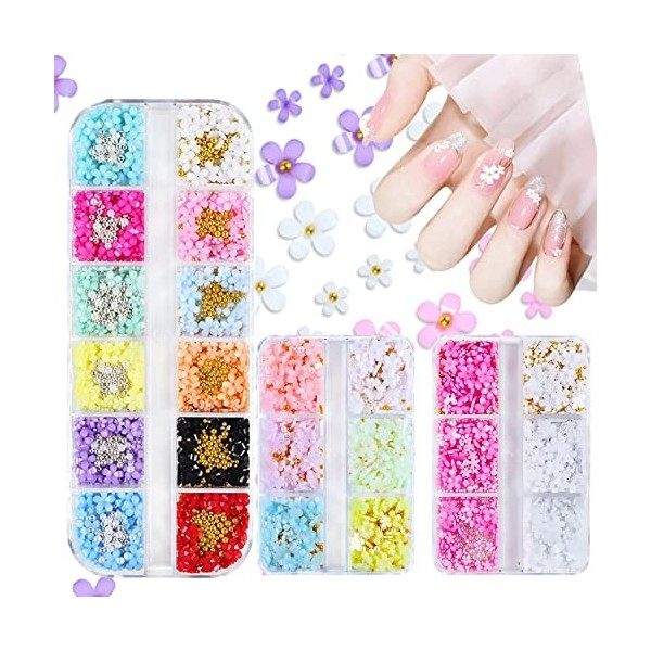 Fleurs 3D pour ongles, 3 boîtes, 24 grilles 3D fleurs dongles strass blancs roses fleurs de cerisier pour ongles en acryliqu