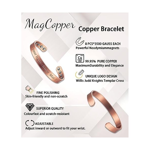 MagCopper Bracelet magnétique en cuivre pour homme ou femme, bracelet manchette en cuivre avec 8 aimants, 16,5 cm, réglable, 