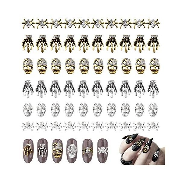 Kalolary 60 Pièces Halloween Nail Art Décorations Charmes, 3D Nail Art Charms Squelette Araignée Main Squelette Accessoires N