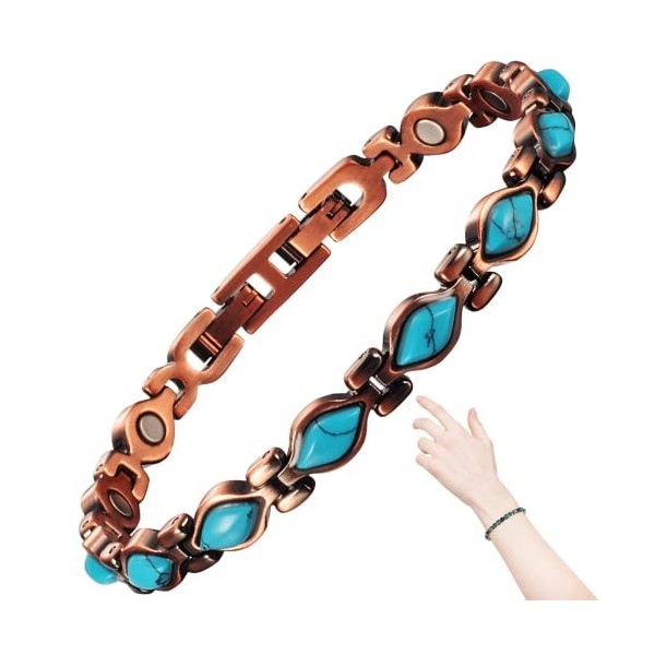 EnerCoppeX 3500 Gauss Bracelet magnétique pour femme 99,99 % cuivre pur 12 aimants, style Türkiye classique avec 2 maillons 