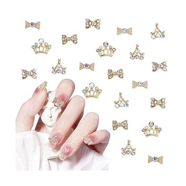 NICENEEDED 40 pièces Strass à Ongles en Alliage 3D, Diamant Couronne et Bowknot Nail Charms, Décorations de Bijoux pour Ongle