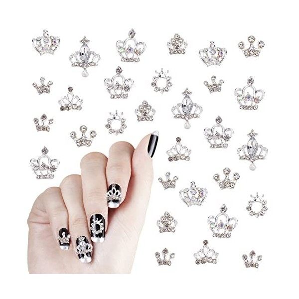 NICENEEDED 40 pièces Strass à Ongles en Alliage 3D, Diamant Couronne et Bowknot Nail Charms, Décorations de Bijoux pour Ongle