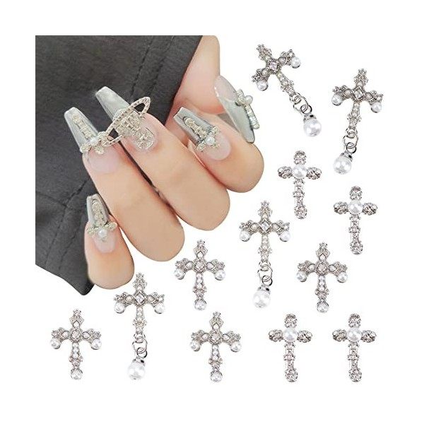 NICENEEDED Kit de Breloques DArt DOngles Croisés 12 pièces, Bijoux 3D Big Nail avec Perle pour Décorations DOngles, Ensemb