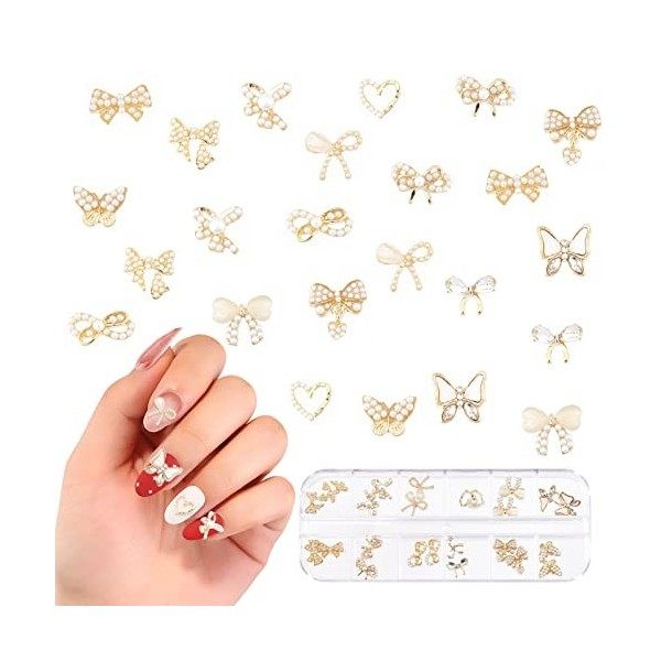 NICENEEDED 24Pcs 3D Pearl Bow Nail Charms, Alliage Charme Nœud Papillon Nail Strass, 12 Styles Butterfly Nail Diamond Decorat