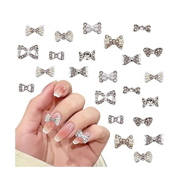 NICENEEDED 24Pcs 3D Pearl Bow Nail Charms, Alliage Charme Nœud Papillon Nail Strass, 12 Styles Butterfly Nail Diamond Decorat