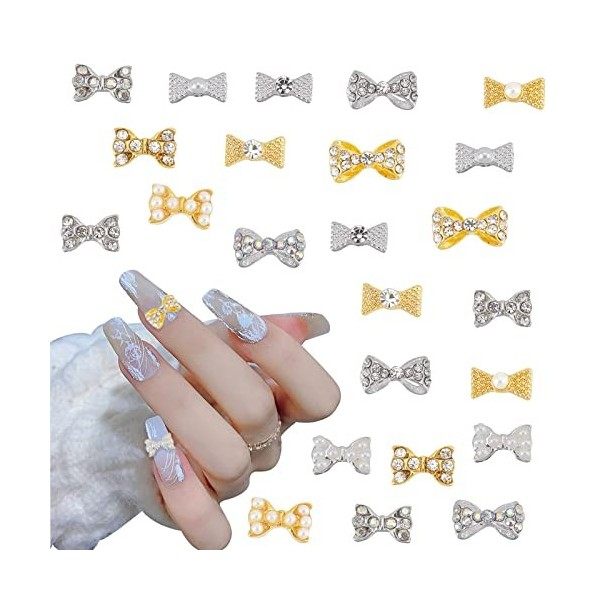 NICENEEDED 24Pcs 3D Pearl Bow Nail Charms, Alliage Charme Nœud Papillon Nail Strass, 12 Styles Butterfly Nail Diamond Decorat