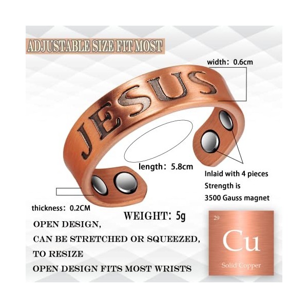 YINOX Bague magnétique ronde en cuivre antique avec inscription Jésus - Redimensionnable - Pour femme