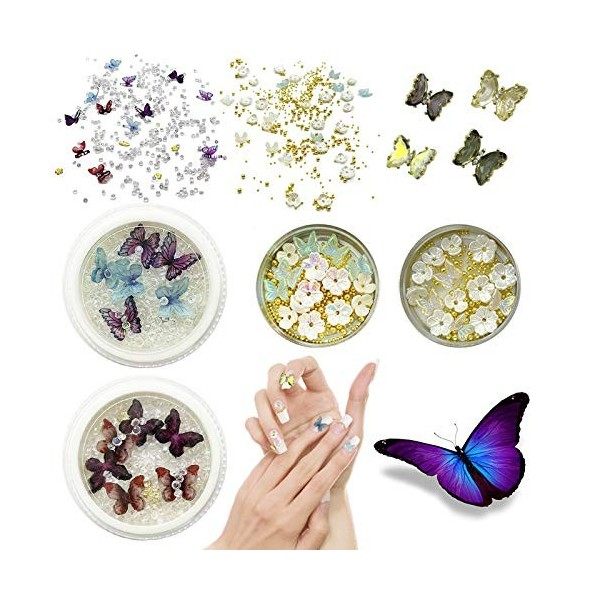3D Strass Ongle Nail Art, Papillon en Résine à Ongles 3D Avec des Fleurs de Perles Bijoux pour Ongles pour la Conception de B