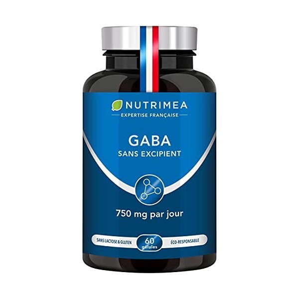 GABA 750 mg/j Sans Excipient | Anti Stress & Anxiété, Calme et Sérénité, Sommeil Réparateur | 60 gélules vegan | Fabrication 