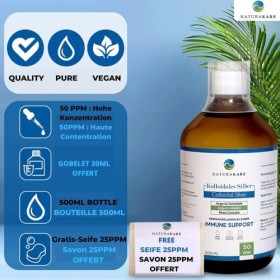 Argent colloïdal 500ml 50ppm + Savon dargent colloïdal 25PPM 50G OFFERT