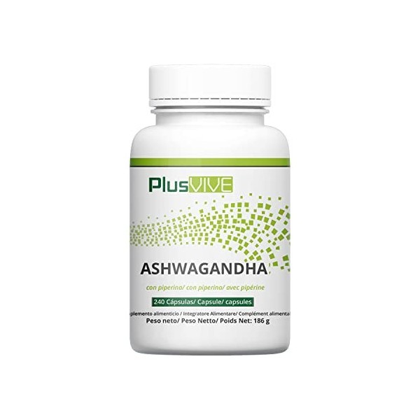 Plusvive - Lot de 240 capsules d’ashwagandha et d’extrait de poivre noir, 100 % vegan, 650 mg