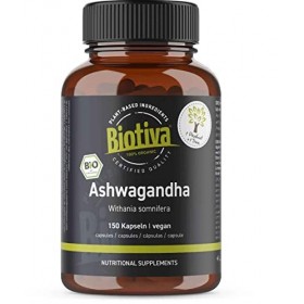 Biotiva Capsules dAshwagandha 150 capsules - organiques - 500mg par capsule - Withania somnifera - Ayurveda indien - Sans ad