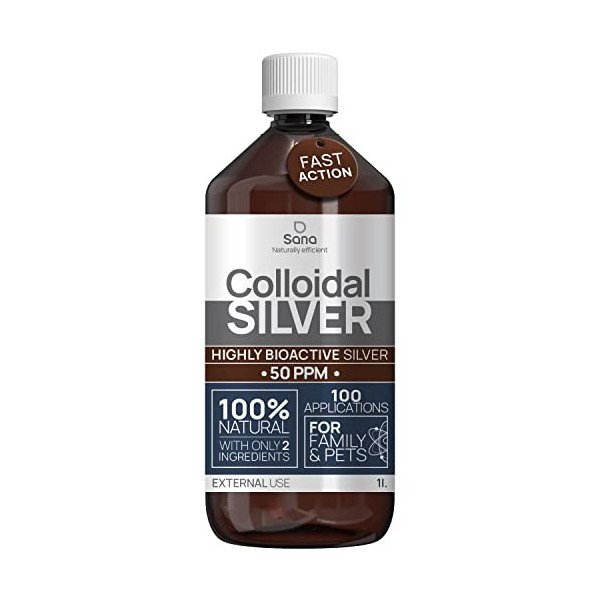 Argent Colloïdal 50 PPM 1000 ML ● Solution Bio Disponible Haute Efficacité Certifiée ● Liquide 100% Naturel ● pour Famille & 