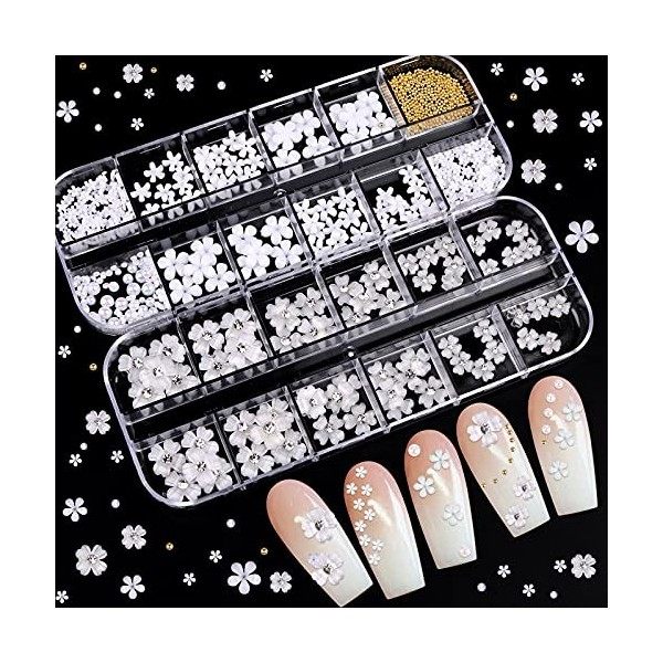 EBANKU 3D Flower Nail Art Charms, 24 Grilles Fleur Perles Ongles Strass Nail Art Décoration Nail Charms Résine Crystal Nail A