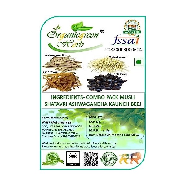 SMED Shatavar, Safed Musli, Kaunch Beej & Ashwagandha Combo Pack [25 g chacun] 100 g 