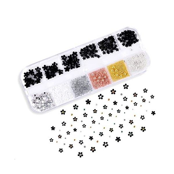 KINBOM 1000pcs 3D Fleur pour Ongles avec Mini Perles de Caviar, Dos Plat Coloré Fleurs 3D pour Ongles 3D Nail Art Floral Deco