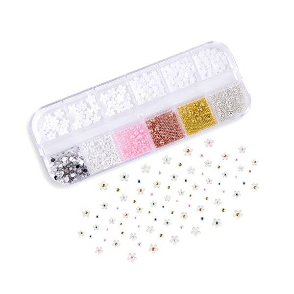 KINBOM 1000pcs 3D Fleur pour Ongles avec Mini Perles de Caviar, Dos Plat Coloré Fleurs 3D pour Ongles 3D Nail Art Floral Deco