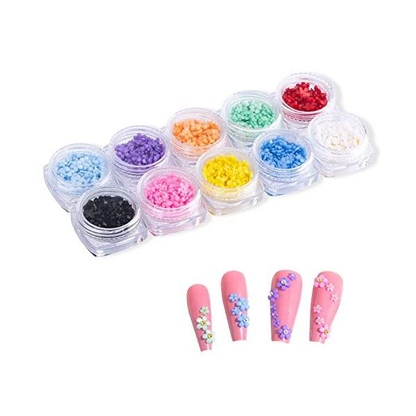 KINBOM Fleur 3D Ongle, 10 Boîtes Colorées Flower Nail Art avec Bling Or et Blanc Perles Nail Art Fleur de Cerisier, Strass Ac