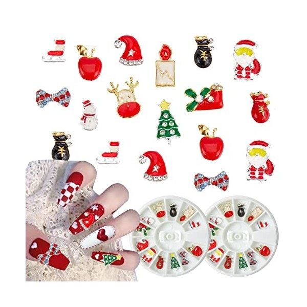 NICENEEDED 2 Boîtes 24Pcs Charmes DOngles de Noël, 3D Christmas Tree Santa Claus Chaussettes Elk Nail Strass, Décorations de