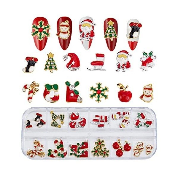 NICENEEDED 2 Boîtes 24Pcs Charmes DOngles de Noël, 3D Christmas Tree Santa Claus Chaussettes Elk Nail Strass, Décorations de