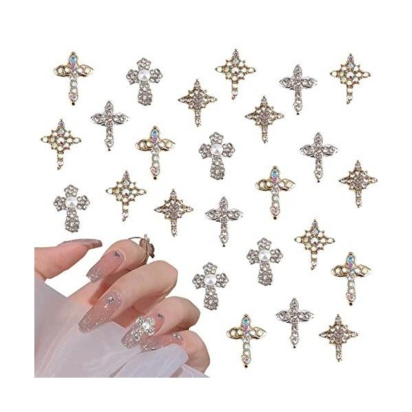 NICENEEDED 80Pcs Punk Métal Croix Nail Art Charms, Décorations DOngles Croix Squelette Vintage 3D, Rétro Nail Art Bijoux Hal