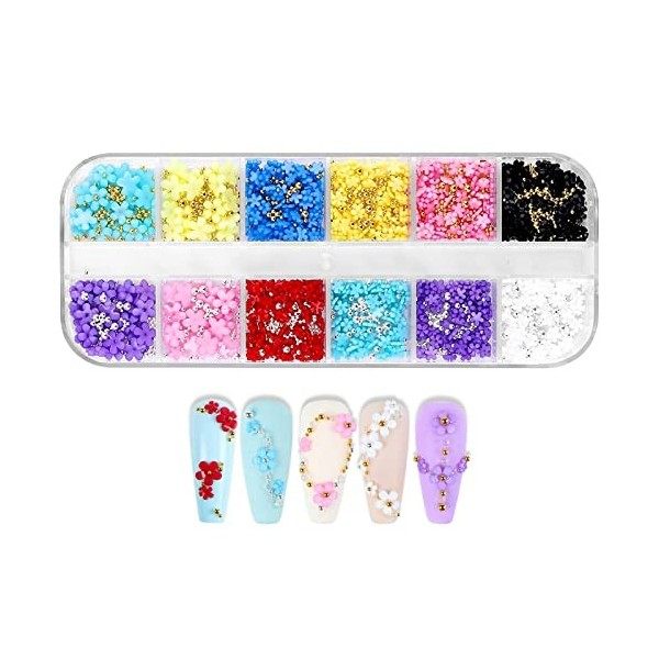 Breloques pour ongles en acrylique en forme de fleur 3D,12 grilles colorées,Breloques pour nail art avec perles dorées et arg