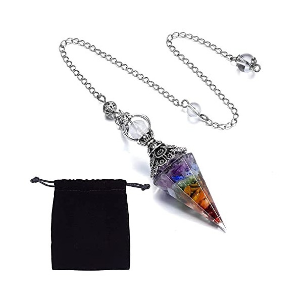 SUNNYCLUE 7 Chakra Pendule Guérison Cristal Pierres Précieuses Radiesthésie Pendule Collier avec Pinces de Homard et Sacs en 