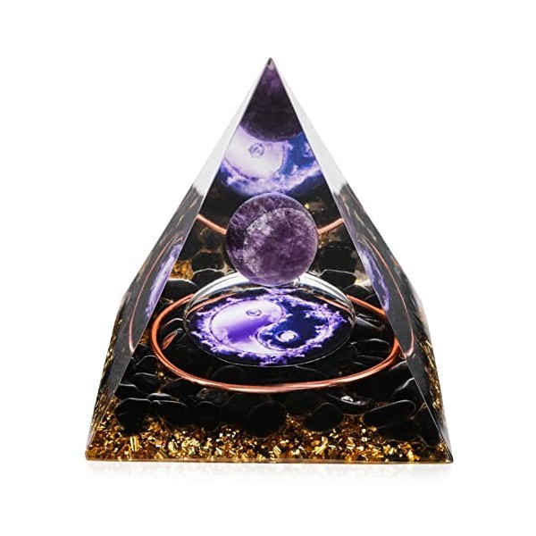 Améthyste Orgonite Pyramide Victop Amethyste Pierre Naturelle de Cristal avec Pierres à Puce dObsidienne Noire et Symbole de