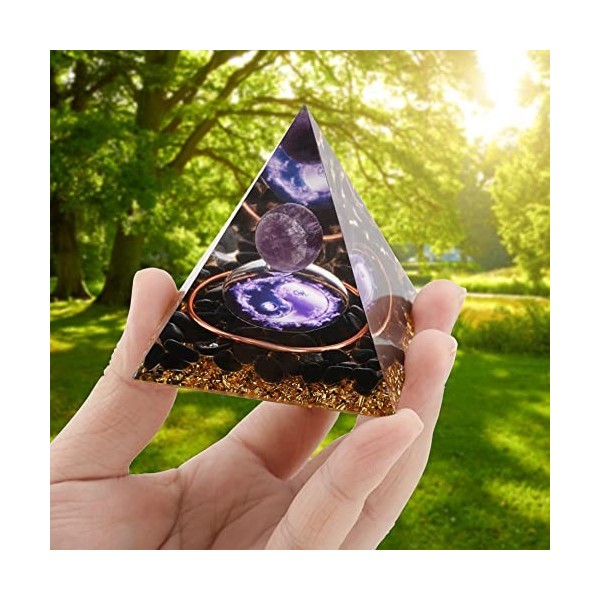 Améthyste Orgonite Pyramide Victop Amethyste Pierre Naturelle de Cristal avec Pierres à Puce dObsidienne Noire et Symbole de