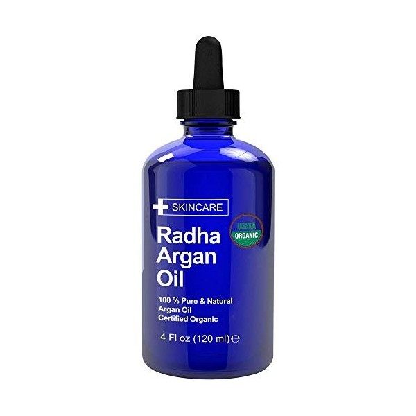 Radha Beauty huile dargan biologique certifiée USDA 120mL, Huile de support de ricin pressée à froid avec compte-gouttes et 